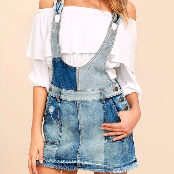 Free People Patchwork Blues Blue Denim Pinafore Overall Jean boho mini Dress - Picture 2 of 13